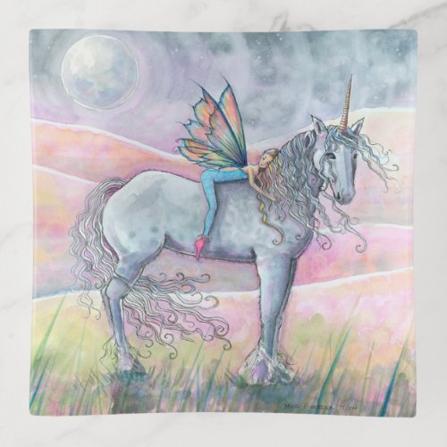 Sweet Fairy on Unicorn Mystical Fantasy Art Trinket Tray