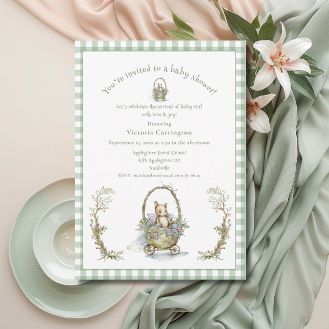 Sweet Fairytale Animal Green Gingham Baby Shower Invitation (Creator Uploaded)