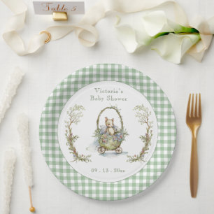 Sweet Fairytale Animal Green Gingham Baby Shower Paper Plates