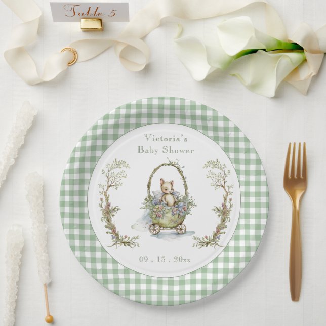 Sweet Fairytale Animal Green Gingham Baby Shower Paper Plates (Wedding)