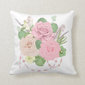 Sweet Feminine Pink Pastel Watercolor Rose Cluster Throw Pillow