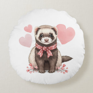 Sweet Ferret Kawaii Pink Hearts Round Pillow