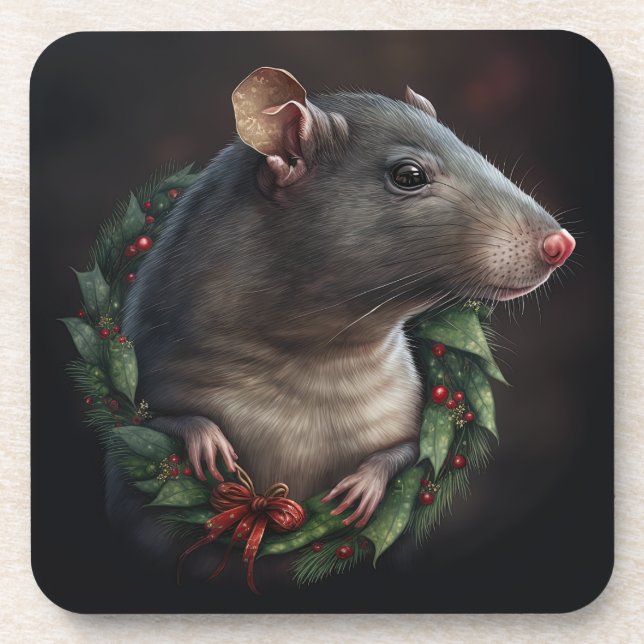 Sweet Festive Pet Rat Holidays/Christmas Beverage Coaster (Front)