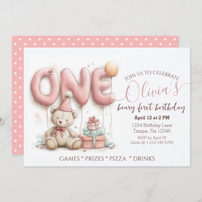 Sweet First Birthday Invitation with Teddy Bear  (Front/Back)