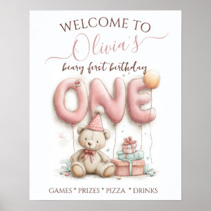 Sweet First Birthday with Teddy Bear  Poster