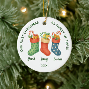 Sweet First Christmas Family of Three Photo Ceramic Ornament