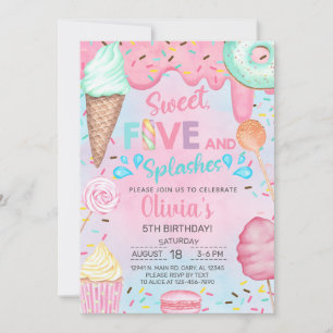 Sweet five & splashes girl 5th birthday invite. invitation