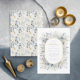 Sweet Floral Bridal Shower Dusty Blue Gold ID1045 Invitation