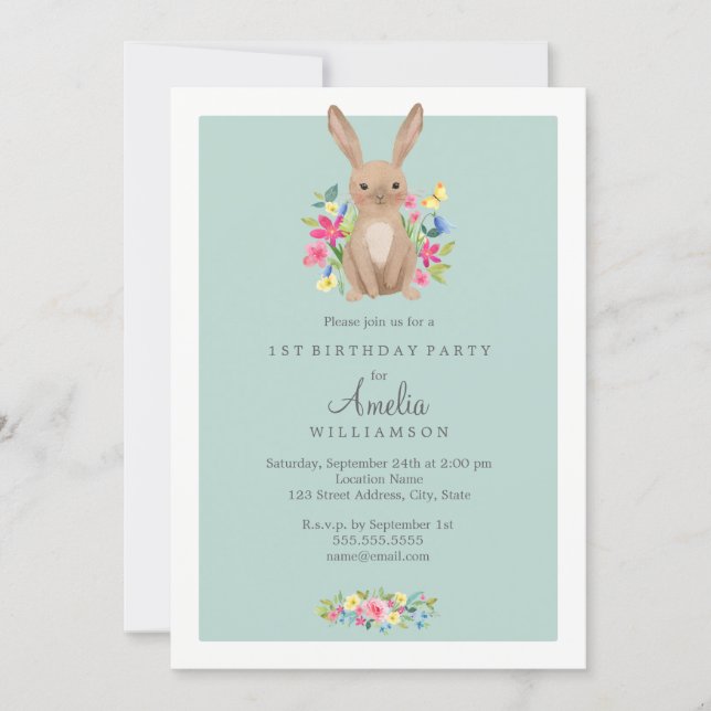 Sweet Floral Bunny First Birthday Invitation (Front)