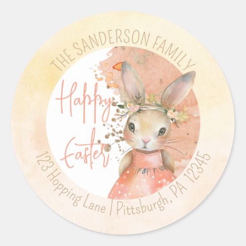 Sweet Floral Bunny Happy Easter Return Address Classic Round Sticker