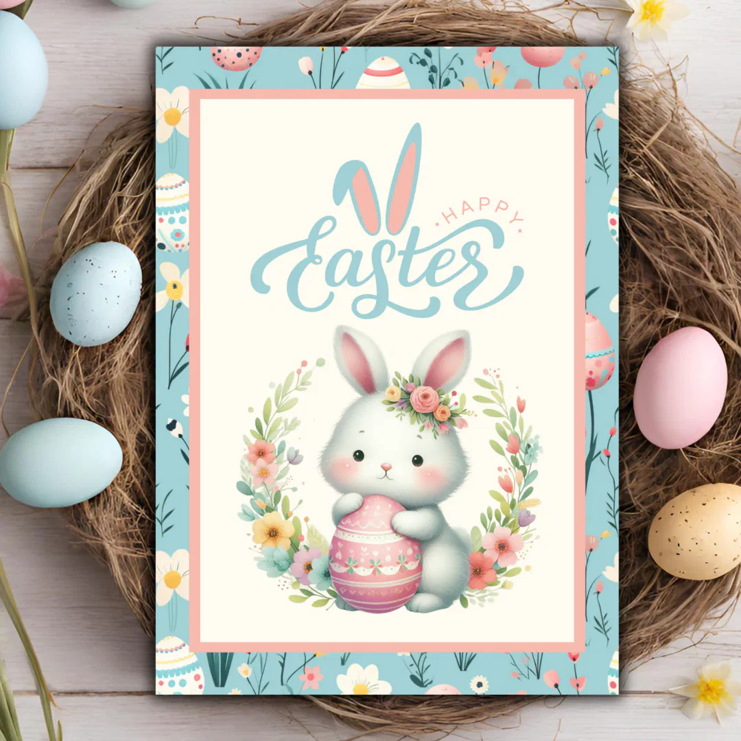 Sweet Floral Bunny With Egg Happy Easter Custom Holiday Card (Sweet Floral Bunny With Egg Happy Easter Custom Holiday Card)