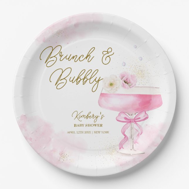 Sweet Floral Champagne Brunch Bubbly Baby Shower  Paper Plates (Front)