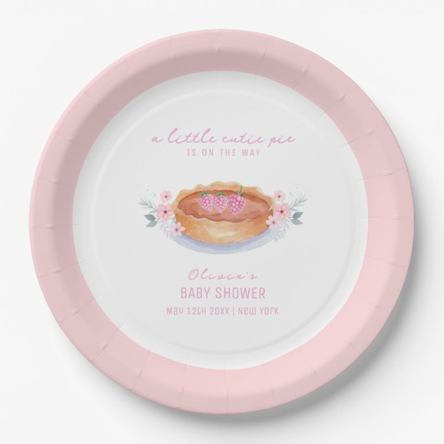 Sweet Floral Cutie Pie Raspberry Baby Shower Paper Plates (Front)