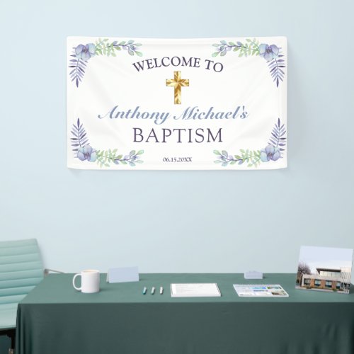 Sweet Floral Gold Cross Baby Christening Welcome   Banner