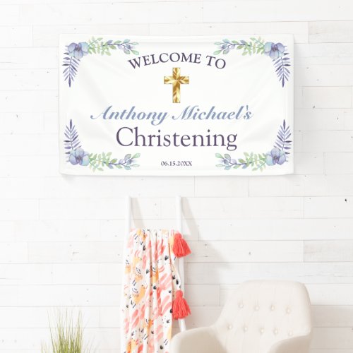 Sweet Floral Gold Cross Baby Christening Welcome  Banner