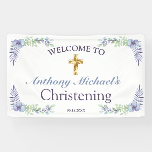 Sweet Floral Gold Cross Baby Christening Welcome  Banner