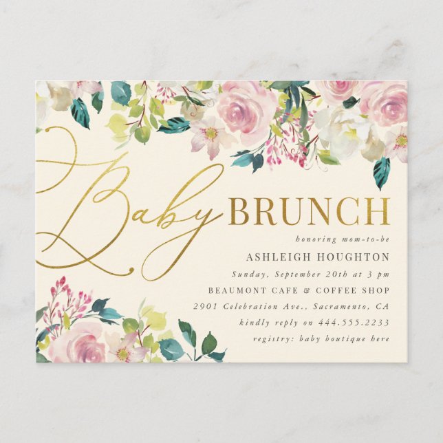 Sweet Floral Gold Script Baby Brunch Invitation Postcard (Front)