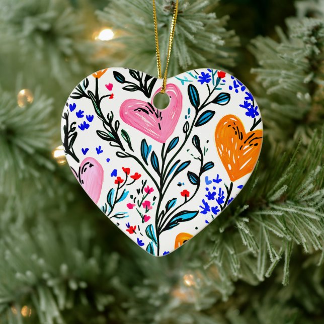 Sweet Floral Heart  Ceramic Ornament (Tree)