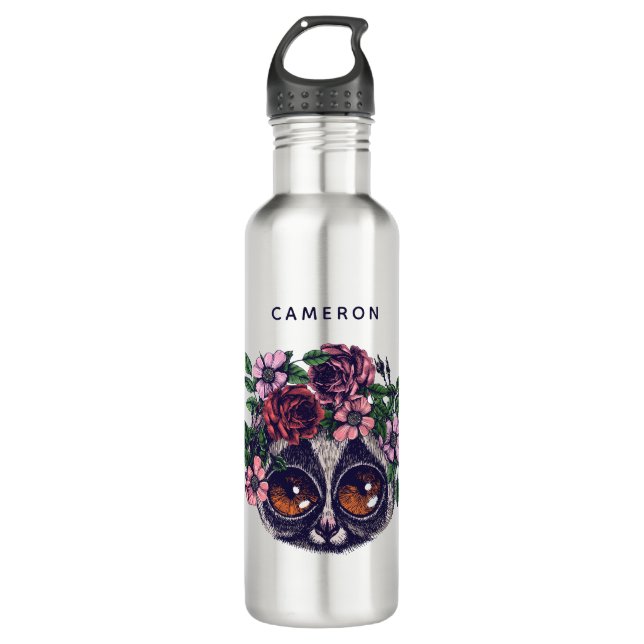 Sweet Floral Lemur | Add Your Name Stainless Steel Water Bottle (Front)