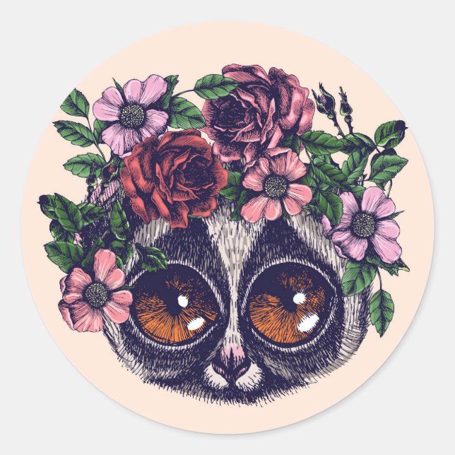 Sweet Floral Lemur Classic Round Sticker (Front)