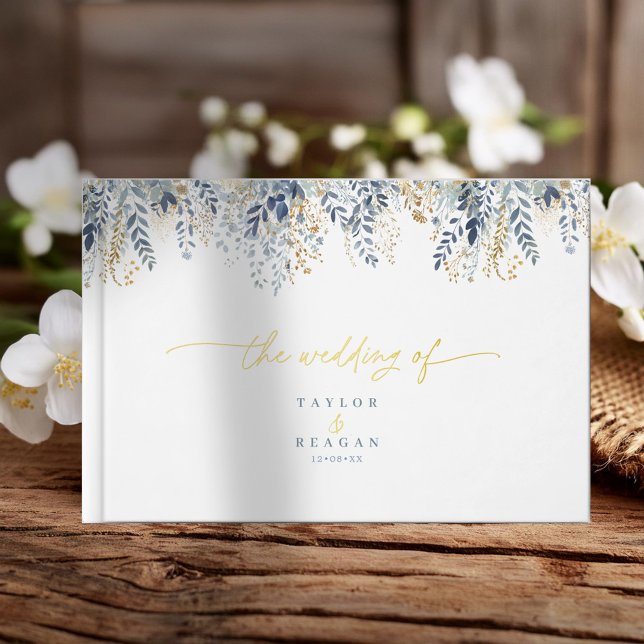 Sweet Floral Pattern Dusty Blue Gold Foil ID1045 Foil Guest Book (Creator Uploaded)