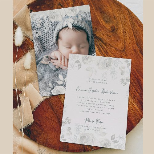 Sweet Floral Sketch  Baptism with Photo Back Invitation