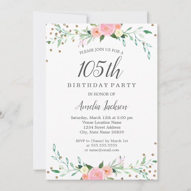 Sweet Floral Sparkle Confetti 105th Birthday Party Invitation (Front)