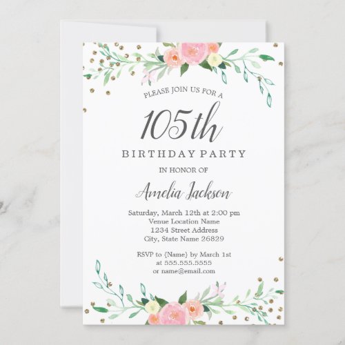 Sweet Floral Sparkle Confetti 105th Birthday Party Invitation