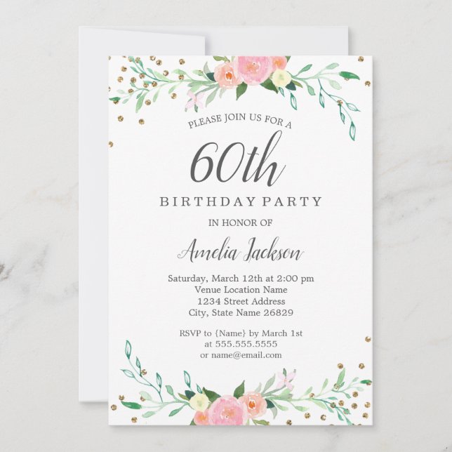Sweet Floral Sparkle Confetti 60th Birthday Party Invitation (Front)