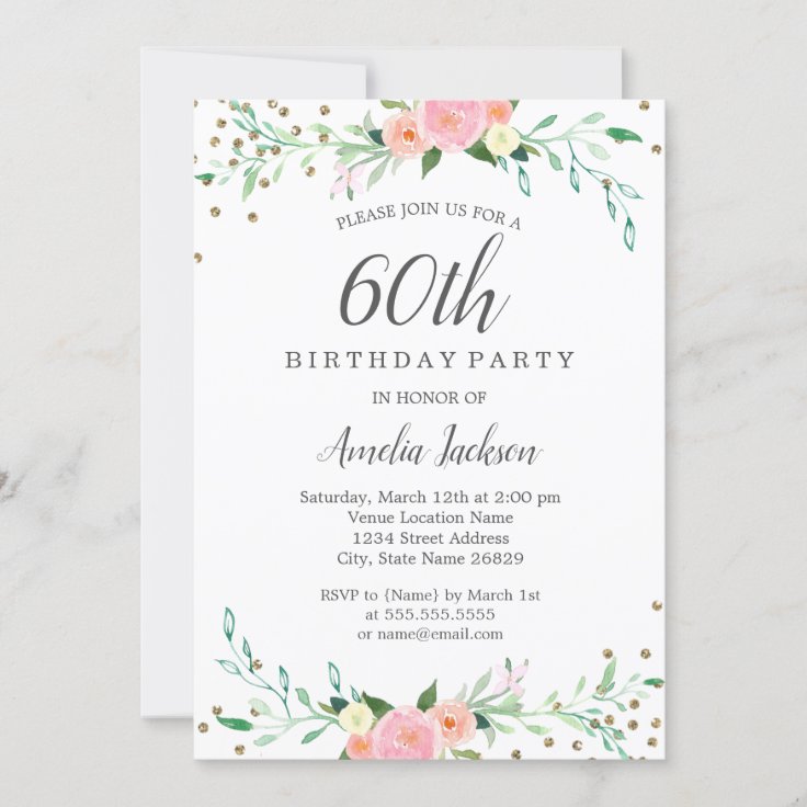 Sweet Floral Sparkle Confetti 60th Birthday Party Invitation | Zazzle