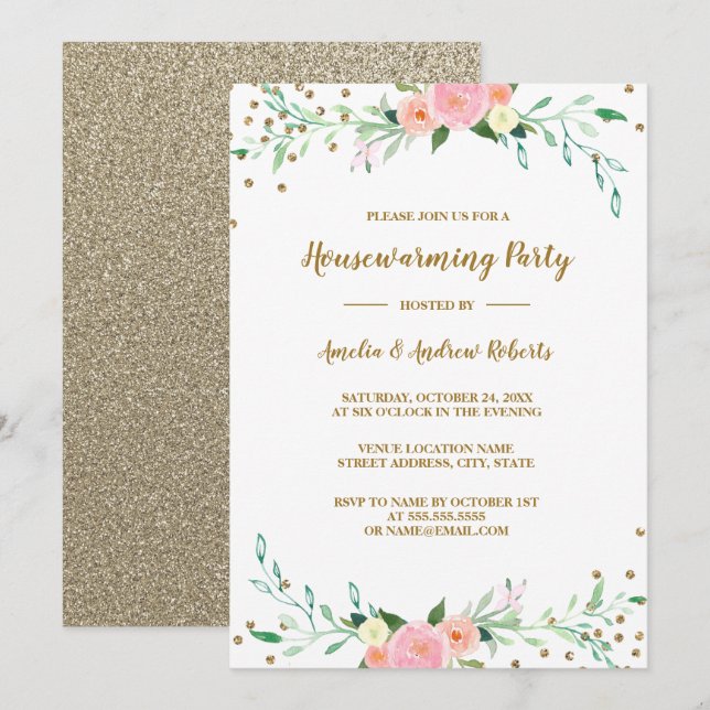 Sweet Floral Sparkle Confetti Housewarming Party Invitation (Front/Back)