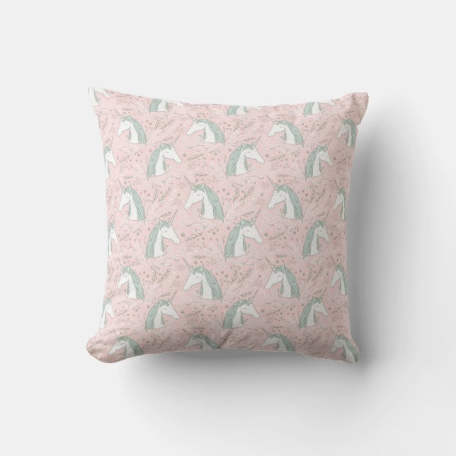 Sweet Floral Unicorn Pattern Throw Pillow (Front)