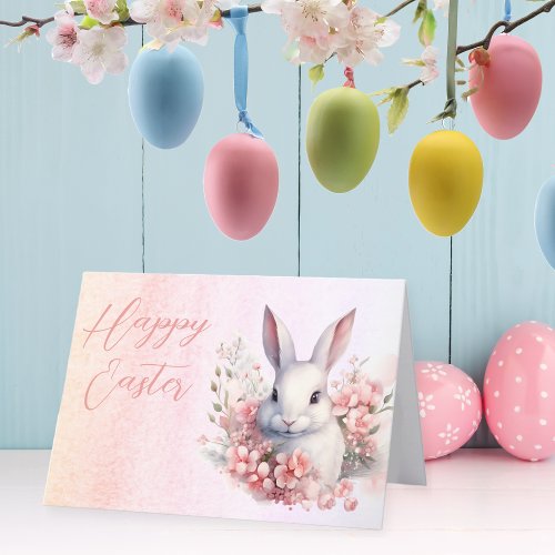 Sweet Floral Watercolor Easter Bunny Happy Easter Holiday Card