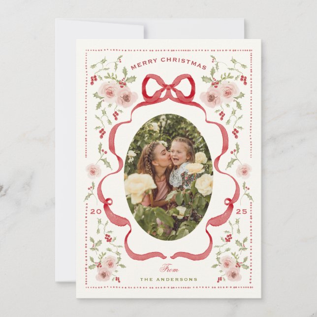 Sweet Floral Wreath Painted Christmas Photo Card (Front)