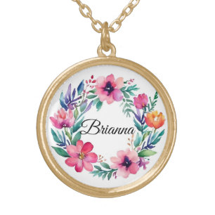 Sweet floral wreath personalized gold plated necklace