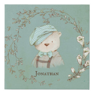 Sweet Floral Wreath Teddy Bear Overalls Hat Name Faux Canvas Print