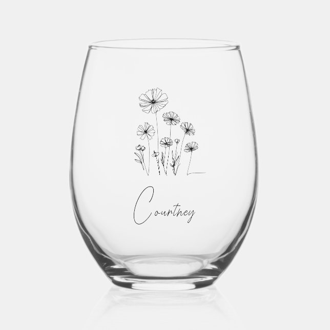 Sweet florals with custom name  stemless wine glass (Front)