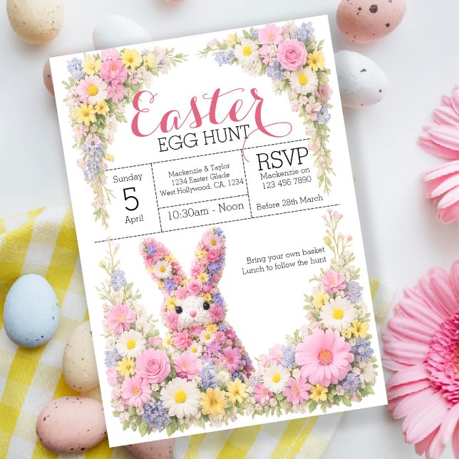 Sweet Flower Bunny Rabbit Easter Egg Hunt Lunch Invitation (Sweet Flower Bunny Rabbit Easter Egg Hunt Lunch Acrylic Invitations by Ricaso. Spring themed florals)