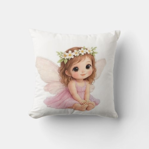 Sweet Flower Crown Girl Fairy in Pink Dress Throw Pillow