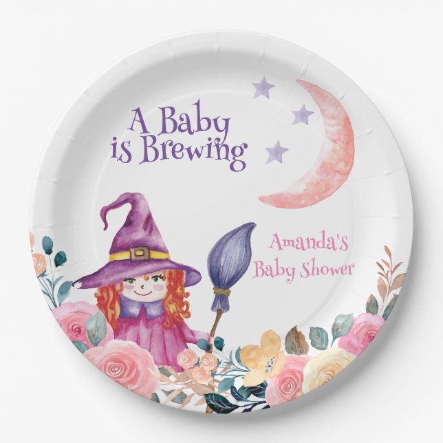 Sweet Flower Witch Cauldron Baby Brewing Shower  Paper Plates (Front)