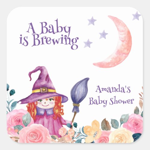 Sweet Flower Witch Cauldron Baby Brewing Shower  Square Sticker