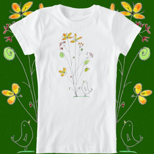 Sweet Flowers and Bird Watercolor and Ink Design T_Shirt