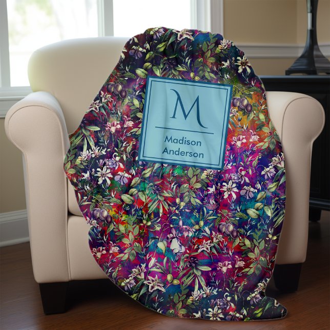 Sweet flowers and leaves red black monogram floral fleece blanket (Creator Uploaded)