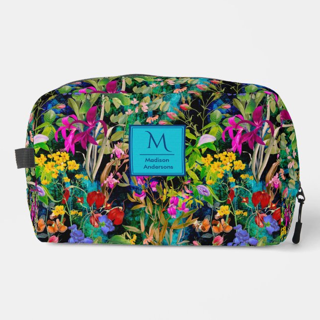 Sweet flowers leaves colorful monogram pattern dopp kit (Front)