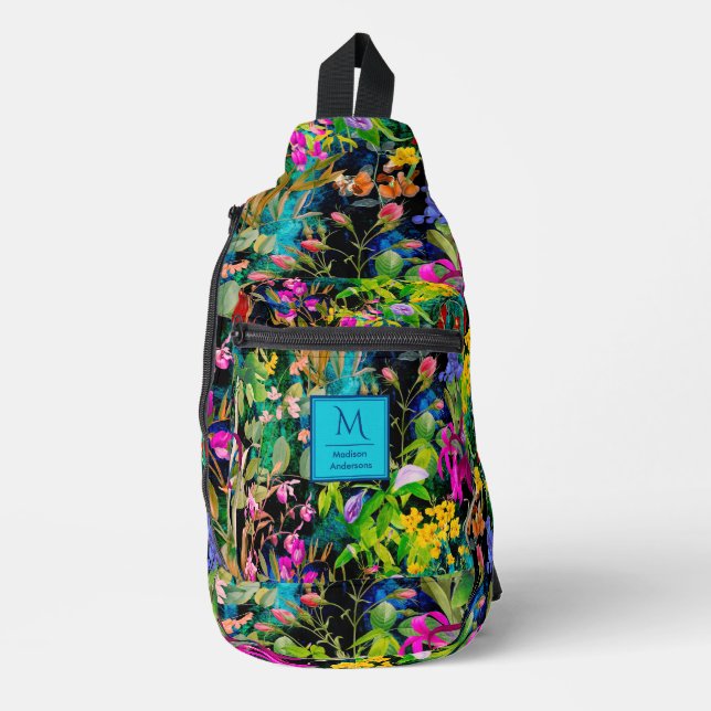 Sweet flowers leaves colorful monogram pattern sling bag (Front)