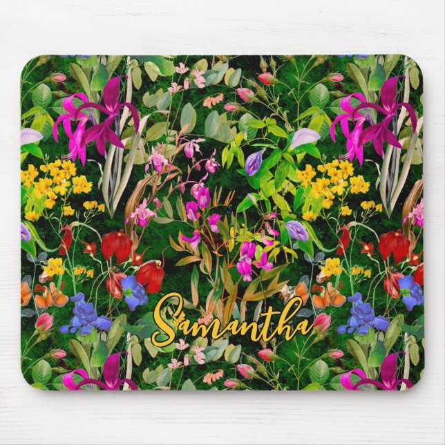 Sweet flowers leaves green monogram pattern mouse pad (Front)