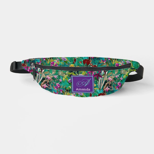 Sweet flowers leaves turquoise monogram printed fanny pack (Front)