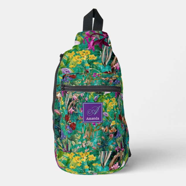 Sweet flowers leaves turquoise monogram printed sling bag (Front)
