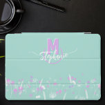 Sweet flowers monogrammed<br><div class="desc">This beautiful iPad cover is decorated with a flower field,  in sweet pink and white tones,  on a light green background. 
On the top,  your first name and your initial are subtly interlaced in a semi opened circle. Trendy and elegant</div>