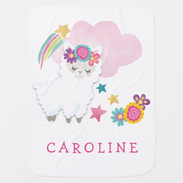 Sweet Fluffy Llama Name Baby Girl White Baby Blanket (Front)